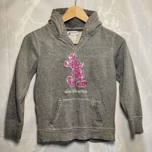 Disney Parks‎ Mickey Mouse Hoodie Youth M Gray W/Pink Sequins Sweatshirt